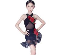 DgtZyrih Ragazze Estate Latino Dance Dress, 2 Pz Split Irregolare Increspature Standard Dance Wear con Floreale, Senza Maniche Concorso Costume per Samba Tango Cha Cha Gonna,Nero,L