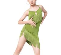 DgtZyrih Ragazze Frangia Abito da Ballo Latino, Un Pezzo Costume da Ballo da Sala Pratica Vestito, Nappa per Bambini Dancewear Stage Performance Costume per Rumba Samba Tango,Verde,M