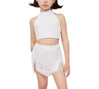 DgtZyrih Ragazze in Due Pezzi Costume di Danza Latina Set con Gonna con Frange Canotta, Nappa fluida per Bambini Dancewear Sala da Ballo Samba ChaCha Abito da Ballo da Ballo,Bianca,130