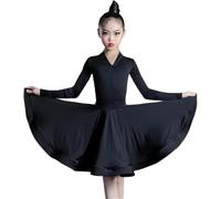 DgtZyrih Ragazze Manica Lunga Abito da Ballo Latino Scollo A V Bambini Salsa Tango Dancewear Moderno Spettacolo Teatrale Costume Sala da Ballo Samba Cha Cha Gonna Dance Outfit,Nero,160