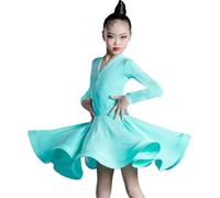 DgtZyrih Ragazze Manica Lunga Abito da Ballo Latino Scollo A V Bambini Salsa Tango Dancewear Moderno Spettacolo Teatrale Costume Sala da Ballo Samba Cha Cha Gonna Dance Outfit,Blu,170