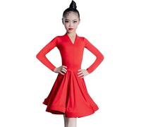 DgtZyrih Ragazze Manica Lunga Abito da Ballo Latino Scollo A V Bambini Salsa Tango Dancewear Moderno Spettacolo Teatrale Costume Sala da Ballo Samba Cha Cha Gonna Dance Outfit,Rosso,120