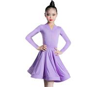 DgtZyrih Ragazze Manica Lunga Abito da Ballo Latino Scollo A V Bambini Salsa Tango Dancewear Moderno Spettacolo Teatrale Costume Sala da Ballo Samba Cha Cha Gonna Dance Outfit,Viola,150