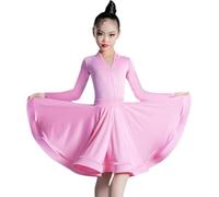 DgtZyrih Ragazze Manica Lunga Abito da Ballo Latino Scollo A V Bambini Salsa Tango Dancewear Moderno Spettacolo Teatrale Costume Sala da Ballo Samba Cha Cha Gonna Dance Outfit,Rosa,130