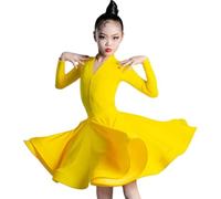 DgtZyrih Ragazze Manica Lunga Abito da Ballo Latino Scollo A V Bambini Salsa Tango Dancewear Moderno Spettacolo Teatrale Costume Sala da Ballo Samba Cha Cha Gonna Dance Outfit,Giallo,130