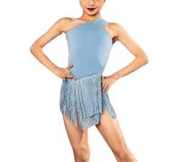 DgtZyrih Ragazze Nappa Abito da Ballo Latino, Una Spalla Dancewear, Costumi da Competizione Moderni per Bambini, Ballo da Sala Tango ChaCha Salsa Samba Gonna Vestito da Allenamento,Blu,170