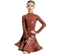 DgtZyrih Ragazze Vestito da Ballo Latino, 2 Pz Lucido Dancewear con Body Manica Lunga, Big Swing Performance Costumi Gonna da Allenamento Sala da Ballo Competizione Partito Vestito,Marrone,180