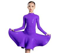 DgtZyrih Ragazze Vestito da Ballo Latino, 2 Pz Lucido Dancewear con Body Manica Lunga, Big Swing Performance Costumi Gonna da Allenamento Sala da Ballo Competizione Partito Vestito,Viola,170