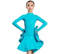 DgtZyrih Ragazze Vestito da Ballo Latino, 2 Pz Lucido Dancewear con Body Manica Lunga, Big Swing Performance Costumi Gonna da Allenamento Sala da Ballo Competizione Partito Vestito,Blu,150