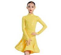 DgtZyrih Ragazze Vestito da Ballo Latino, 2 Pz Lucido Dancewear con Body Manica Lunga, Big Swing Performance Costumi Gonna da Allenamento Sala da Ballo Competizione Partito Vestito,Giallo,170