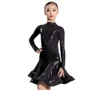 DgtZyrih Ragazze Vestito da Ballo Latino, 2 Pz Lucido Dancewear con Body Manica Lunga, Big Swing Performance Costumi Gonna da Allenamento Sala da Ballo Competizione Partito Vestito,Nero,140