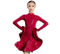 DgtZyrih Ragazze Vestito da Ballo Latino, 2 Pz Lucido Dancewear con Body Manica Lunga, Big Swing Performance Costumi Gonna da Allenamento Sala da Ballo Competizione Partito Vestito,Rosso,130