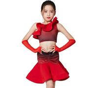 DgtZyrih Ragazze Vestito da Ballo Latino, Collare A Balze Vestito da Ballo da Sala da Sala Spacco Tango Gonne, Standard Moderno Competizione Partito Pratica Indossare Costume da Ballo,Rosso,150
