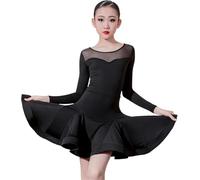 DgtZyrih Ragazze Vestito da Ballo Latino, Girocollo Manica Lunga Vestito da Ballo Moderno Grande Swing Gonna A Pieghe Palcoscenico Performance Costume per Rumba Samba Tango Dancewear,Nero,160