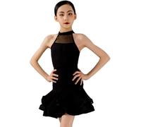 DgtZyrih Ragazze Vestito da Ballo Latino, Halter Neck Design Costume da Ballo Increspature Partito Swing Gonna Performance Concorso Dancewear per Rumba Samba Tango Gonna A più Livelli,Nero,140