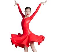 DgtZyrih Ragazze Vestito da Ballo Latino, Manica Lunga Vestito da Ballo Bambini Lucido Competizione Dancewear Big Swing Performance Pratica Costumi Sala Festa Palcoscenico Gonna,Rosso,140