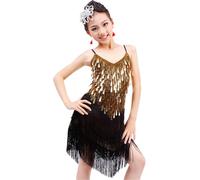 DgtZyrih Ragazze Vestito da Ballo Latino, Paillettes Lucenti Nappe Vestito da Ballo Traspirante Costume da Sala Pratica Gonna, Big Swing Cha Cha Salsa Tango Concorso Dancewear,d'oro,XL
