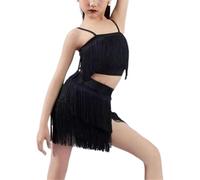 DgtZyrih Ragazze Vestito da Ballo Latino Paillettes Nappa Vestito da Ballo, per Bambini Strass Nappa Gonna Performance Costume Concorso Abbigliamento da Ballo per Sala da Ballo Salsa Tango,Nero,140