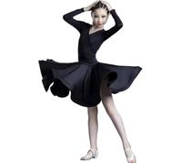 DgtZyrih Vestito da Ballo Latino per Bambine, Abito da Ballo da Sala, Salsa, Tango, in Un Unico Pezzo, con Scollo a V, Maniche Lunghe, per Feste, con Volant, Costume da Ballo per Bambini,Nero,140