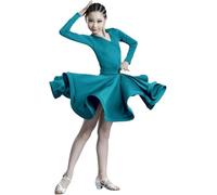 DgtZyrih Vestito da Ballo Latino per Bambine, Abito da Ballo da Sala, Salsa, Tango, in Un Unico Pezzo, con Scollo a V, Maniche Lunghe, per Feste, con Volant, Costume da Ballo per Bambini,Blu,120