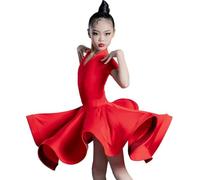 DgtZyrih Vestito da Ballo Latino per Bambine con Gonna Ampia e arricciata, Scollo a V, Professionale, per spettacoli, Costume da Ballo per Bambini, per Feste, Sala da Ballo,Rosso,180