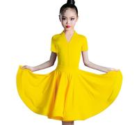 DgtZyrih Vestito da Ballo Latino per Bambine con Gonna Ampia e arricciata, Scollo a V, Professionale, per spettacoli, Costume da Ballo per Bambini, per Feste, Sala da Ballo,Giallo,150