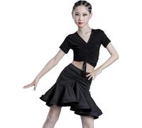DgtZyrih Vestito da Ballo Latino per Ragazze, 2 Pezzi Maniche Corte Completo da Ballo Scollo a V Performance Costume da Ballo da Sala Salsa Tango Gonne Festival Race Dancewear,Nero,130