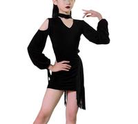 DgtZyrih Vestito da Ballo Latino per Ragazze, Completo da Ballo a Maniche Lunghe Moderno Un Pezzo Tango da Sala per Bambini ChaCha Salsa Samba Gonna Costume da Allenamento per Ragazze,Nero,140