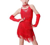 DgtZyrih Vestito da Ballo Latino per Ragazze, con Nappe e Strass, Completo da Ballo Senza Schienale, Costume da Ballo per Bambini, per Sala da Ballo, Latino, Salsa, Tango, Gonna,Rosso,150