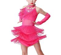 DgtZyrih Vestito da Ballo Latino per Ragazze, con Nappe e Strass, Completo da Ballo Senza Schienale, Costume da Ballo per Bambini, per Sala da Ballo, Latino, Salsa, Tango, Gonna,Rosa,120