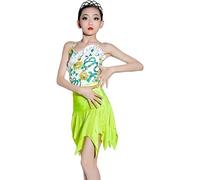DgtZyrih Vestito da Ballo Latino per Ragazze, Costume da Ballo Sling Deign per Partito, Rumba Samba Cha Cha Tango Gonna Orlo Irregolare Performance Dancewear Vestito da Ballo,Giallo,140