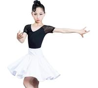 DgtZyrih Vestito da Ballo Latino per Ragazze, Manica Corta, Scollo a V, Gonna Ampia, Set da 2 Pezzi, Abbigliamento da Ballo per Salsa, Tango, Ballo da Sala, Costume da Festa,Bianca,150
