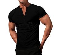 DGZTWLL Camicia da uomo elasticizzata Henley per allenamento, slim fit, a maniche corte, atletica, casual, hawaiana, da uomo, Nero, S