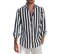 DGZTWLL camicie uomo vintage a righe manica lunga casual traspirante risvolto alla moda leggero spiaggia hawaiana camicie da lavoro uomo, Nero , M