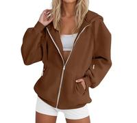 DGZTWLL Felpa con cappuccio da donna a maniche lunghe, con cerniera, per autunno e inverno, alla moda, casual, per il caldo, per feste e feste, in lino, marrone, 3XL