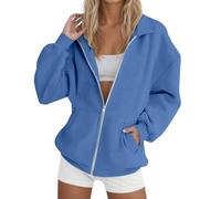DGZTWLL Felpa con cappuccio da donna in lino a maniche lunghe, con cerniera, per autunno e inverno, stile casual, per il caldo e il tempo libero, da donna, Azzurro, 3XL