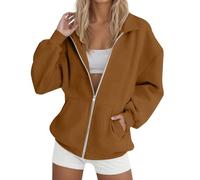 DGZTWLL Felpa con cappuccio da donna in lino a maniche lunghe, con cerniera, per autunno e inverno, stile casual, per il caldo e il tempo libero, da donna, marrone, XXL