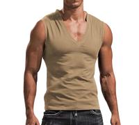 DGZTWLL Moda Uomo Primavera ed Estate Casual Senza Maniche Scollo A V Stampato Pullover Bottoming Camicia Uomo Tee Top, Kaki, L