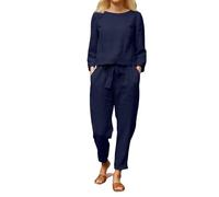 DGZTWLL Set pigiama estivo da donna in 2 pezzi, vestibilità larga, maglietta casual, pantaloni con coulisse, pantaloni da jogging in cotone e lino, top e pantaloni, abbigliamento da viaggio, Blu, M