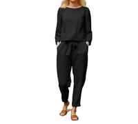 DGZTWLL Set pigiama estivo da donna in 2 pezzi, vestibilità larga, maglietta casual, pantaloni con coulisse, pantaloni da jogging in cotone e lino, top e pantaloni, abbigliamento da viaggio, Nero , M