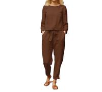DGZTWLL Set pigiama estivo da donna in 2 pezzi, vestibilità larga, maglietta casual, pantaloni con coulisse, pantaloni da jogging in cotone e lino, top e pantaloni, abbigliamento da viaggio, Caff, XL