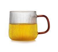 Dh2yjnbf3 Tazza in vetro a righe verticali con manico colorato, tazza in vetro borosilicato trasparente da 320 ml(Amber)