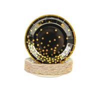 DHAIQC 50 Pezzi Piatti Carta per Feste Oro Nero, 18cm Piatti Usa e Getta Stoviglie per Feste di Compleanno Piatti Compostabili per Feste Matrimoni Compleanni Picnic Baby Shower (Oro Nero, 18CM)