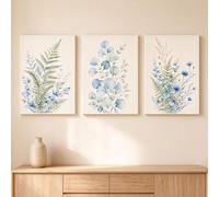DHFGHFJ Set Of 3 Botanical Art Print Modern Boho Plant Art Light Blue Wildflower Canvas Prints Wall Art Home Decor(40x60cmX3/Internal Frame)