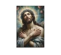 DHHMTPIYS Dipinto a olio con Cristo Gesù con corona di spine, fiori, luce sacra, decorativo, poster da parete su tela e decorazione moderna per la camera da letto, 50 x 75 cm