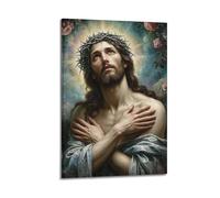 DHHMTPIYS Dipinto a olio con Cristo Gesù con corona di spine, fiori, luce sacra, decorativo, poster da parete su tela e decorazione moderna per la camera da letto, 50 x 75 cm