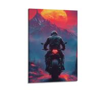 DHHMTPIYS Poster da parete su tela con paesaggio fantascientifico con luna rossa, montagna e motociclismo, decorazione moderna per camera da letto, 60 x 90 cm