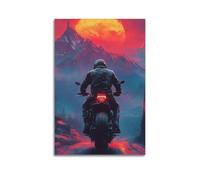 DHHMTPIYS Poster da parete su tela con paesaggio fantascientifico con luna rossa, montagna e motociclismo, decorazione moderna per camera da letto, 60 x 90 cm