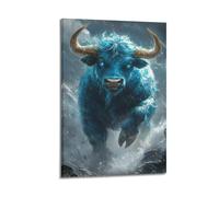 DHHMTPIYS Stampa artistica da parete su tela con motivo di toro blu e fiamma, stile magico, decorazione moderna per la camera da letto, 30 x 45 cm