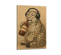 DHHMTPIYS Stampa artistica da parete su tela, motivo leopardo iperrealistico, che ascolta la musica, decorazione moderna per camera da letto, 50 x 75 cm